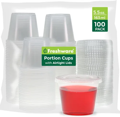 Vista 12 de Freshware Vasos de Plástico para Porciones con Tapas [1 Onza, 100 Juegos] Vasos de Plástico Desechables para Preparación de Comidas, Aderezo