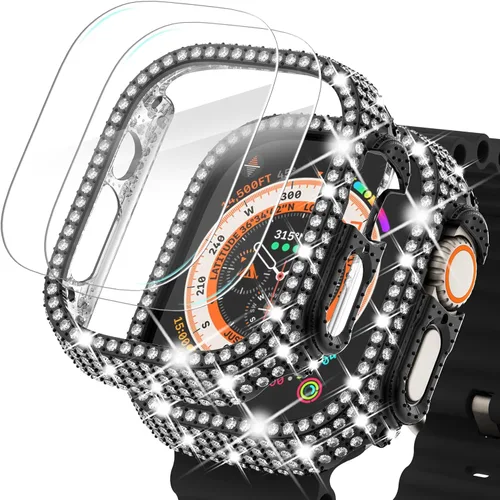 Vista 48 de Surace - Carcasa compatible con Apple Watch de 1.65 pulgadas con protector de pantalla de cristal templado, diseño brillante con 300 diamantes