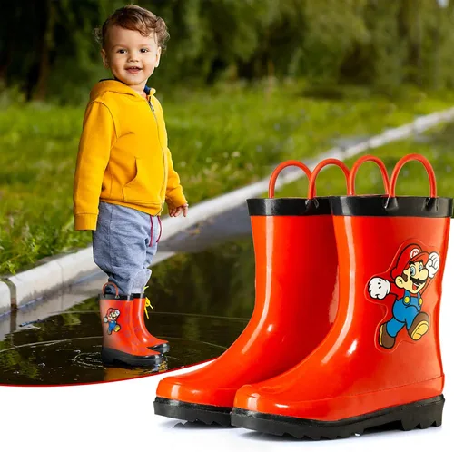 Vista 4 de Nintendo Super Mario - Botas de lluvia de goma impermeables con asas fáciles de poner, para niños pequeños y pequeños