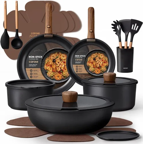 CAROTE 19 piezas ollas y sartenes antiadherentes, juegos de utensilios de cocina con mango desmontable, ollas y sartenes de cocina de inducción Negro