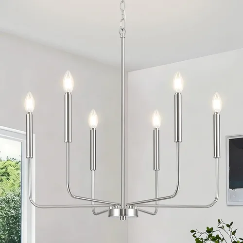 Vista 11 de Candelabro Moderno Negro para Comedor, Accesorios de Iluminación de Cocina de Metal de 6 Luces, Lámpara Colgante de Vela Estilo Granja para Sala