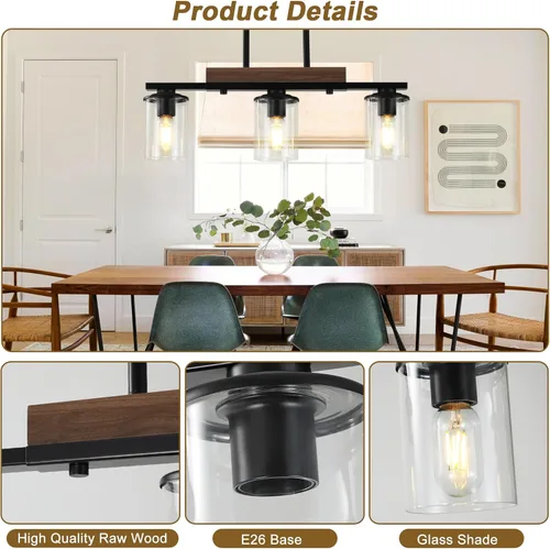 Vista 3 de Lámpara de isla de cocina de 23.6 pulgadas, lámpara de 3 luces para comedor sobre mesa, lámpara colgante de techo de madera rústica moderna negra