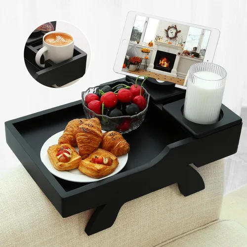 GHKINMAL Bandeja Portavasos para Sofá, 15.4"x9.9" Bandeja Grande 4 en 1 para Brazo de Sofá con Soporte para Teléfono Giratorio de 360°, Clip