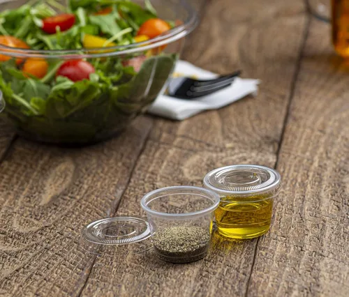 Vista 7 de Vasos de porción desechables de plástico transparente de 1 oz (100 juegos) - Vasos para condimentos, salsa, aderezo, gelatina con tapas