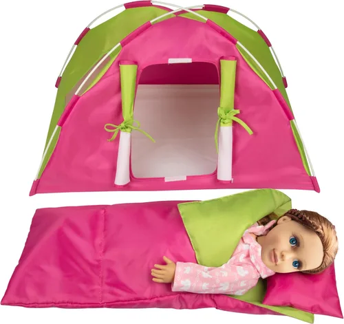 Tienda de campaña para muñecas (juego de 3 piezas) – Incluye tienda de campaña XL, saco de dormir y almohada – Hecho a mano, accesorios premium para