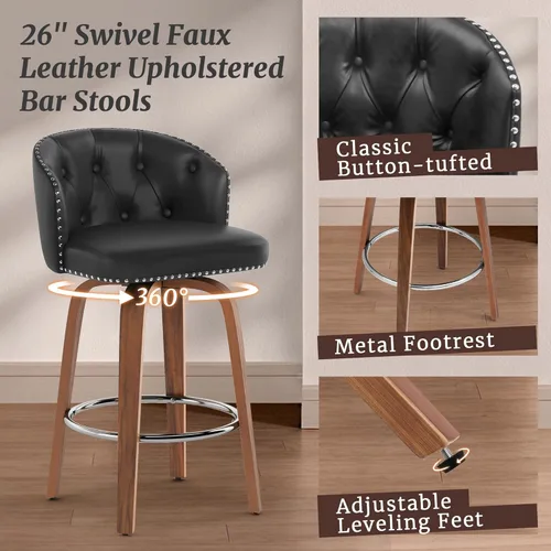Vista 4 de Cozyman Juego de 2 taburetes de bar giratorios, 26" altura de mostrador, taburete de bar de cuero PU con patas y respaldo de madera de nogal, sillas