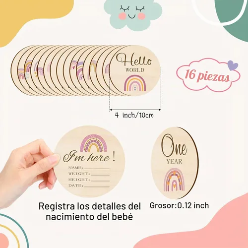 Vista 3 de Tiamon 16 tarjetas mensuales para bebé de madera, elefante azul