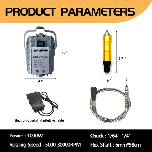 Vista 2 de Herramienta giratoria de eje flexible de 1000 W 30000 RPM, eje flexible grueso de 1/4 pulgadas con pedal de pie de velocidad continua, amoladora