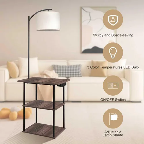 Vista 4 de PESRAE Lámpara de pie con mesa, lámparas para mesita de noche con estación de carga (USB y tipo C y puerto de CA), bombilla LED de 3 temperaturas
