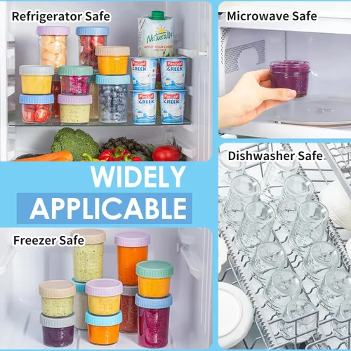 Vista 6 de DRKIO Paquete de 12 recipientes de vidrio para almacenamiento de alimentos para bebés - Frascos de comida para bebés de 4 y 8 onzas con tapas