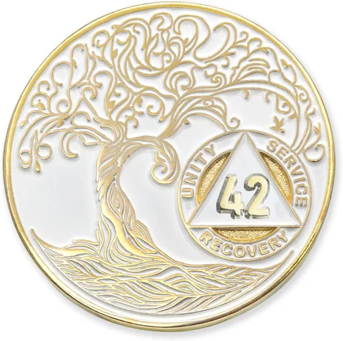 Vista 32 de 1 año Sobriety Mint Twisted Tree of Life Medallón de recuperación AA chapado en oro, chip/ficha - negro