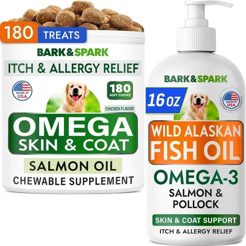 Vista 14 de BARK&SPARK Omega 3 para perros - 180 golosinas de aceite de pescado para la muda de pelo de perros, masticables para alergias en la piel, alivio