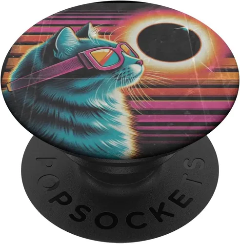 Vista 6 de Cat Solar Eclipse - Synthwave Retro Poster Style PopSockets MagSafe PopGrip for iPhone