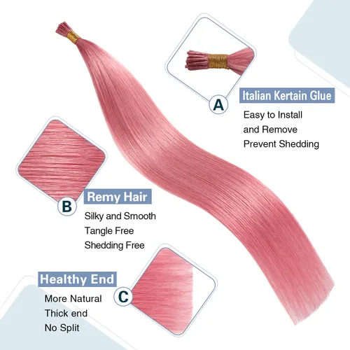 Vista 2 de Sunya Extensiones de cabello humano con punta en I Tip, color rosa intenso, 14 pulgadas, extensiones de cabello humano real, fusión fría