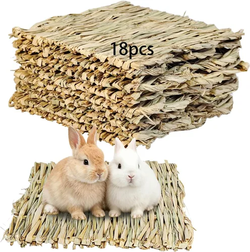 Vista 8 de kathson 5 PCS Bunny Grass Mat,Rabbit Natural Straw Woven Bed,Small Animal Hay Nest Sleeping Mat &Chew Toys for Hamster Bunny Chinchilla Guinea Pig