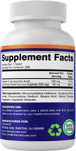 Vista 9 de Vitamatic Sulfato ferroso 325 mg con vitamina C 100 mg (65 mg de hierro elemental) – Suplemento de hierro de alta potencia – Sin