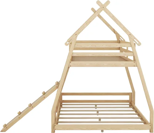 Vista 6 de SOFTSEA Litera de casa individual sobre Queen con redes de escalada y rampa de madera maciza, literas para 2 (natural)