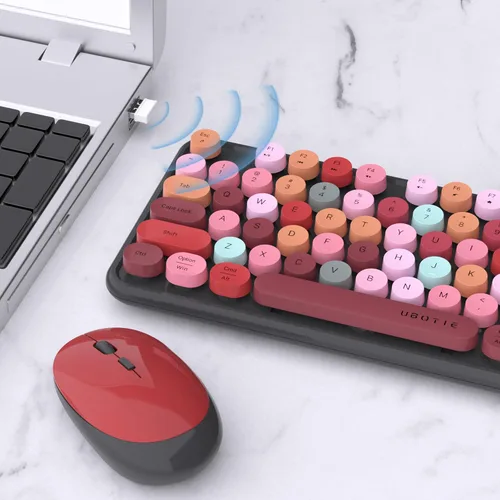 Vista 3 de UBOTIE Teclado inalámbrico colorido para computadora y mouse óptico, teclas flexibles, teclado de tamaño completo de oficina, conexión sin