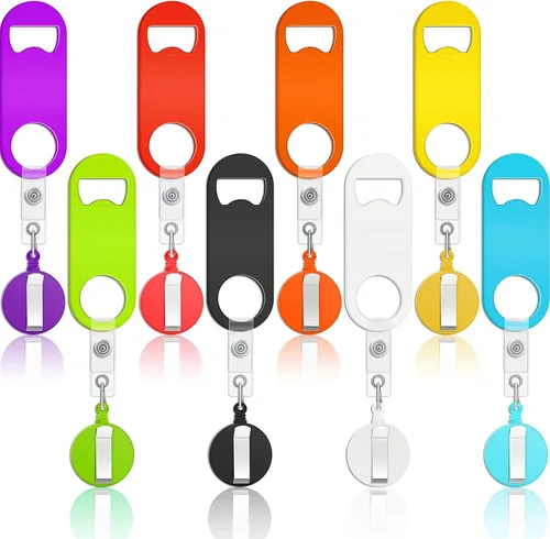 Vista 11 de Honoson Abrebotellas retráctil de bartender, 8 piezas, abridor de cerveza plano con clips redondos para carrete de insignia, soporte para cocina