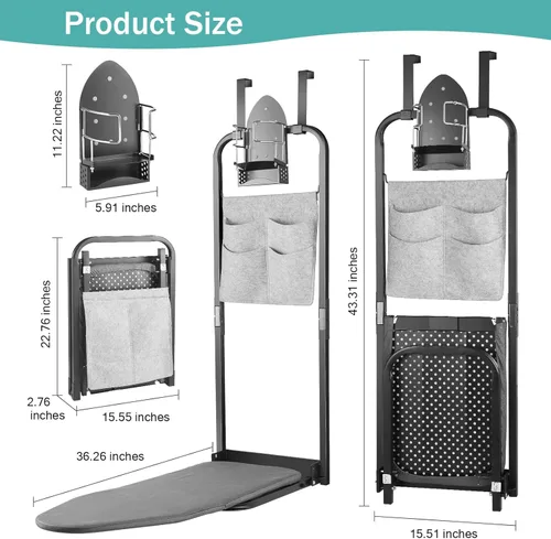 Vista 6 de Tabla de planchar sobre la puerta de 13 x 36 pulgadas con soporte para plancha y bolsa de almacenamiento con bolsillo, tabla de planchar colgante
