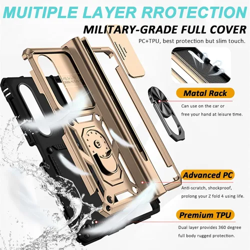 Vista 6 de Miimall Funda compatible con Samsung Z Fold 4 con protección de bisagra, soporte para bolígrafo, cubierta de cámara, soporte de anillo, soporte