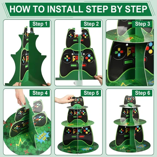 Vista 4 de Sliner Soporte para cupcakes para videojuegos, decoración de fiesta de cartón de 3 niveles, soporte para tartas, bandeja de torre de postres