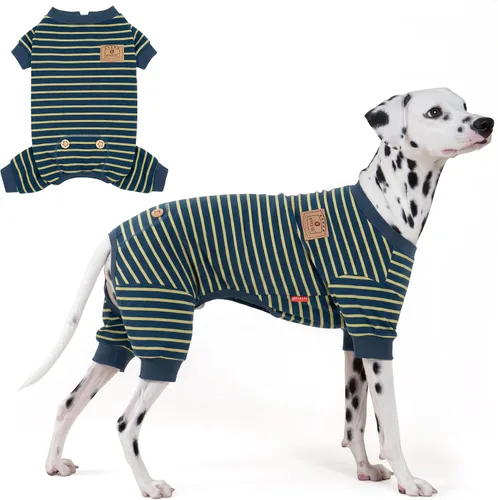 Vista 17 de KYEESE Pijama a rayas para perros pequeños, mameluco elástico para uso Ligero y transpirable, libre de movimiento, reduce el desprendimiento, suave