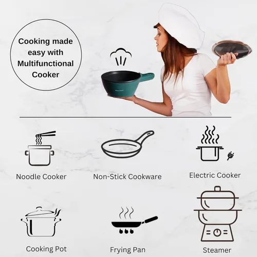 Vista 6 de Olla eléctrica verde con vaporizador, cocina multifunción, olla de fideos de 1.8 L, sartén antiadherente, olla eléctrica para pasta con control