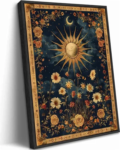 Vista 6 de Lienzo con marco negro con sol y luna celestial, arte de pared, tarot, luna creciente, decoración de pared, cuadros góticos de flores silvestres
