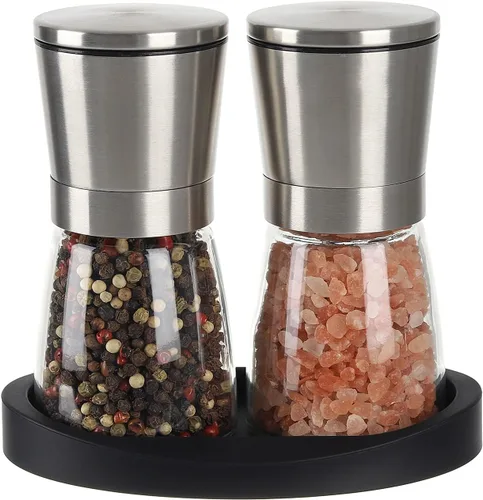 Vista 8 de VEVOK CHEF Juego de molinillo de sal y pimienta de acero inoxidable, molinillo de sal y pimienta negra con grosor ajustable, juego de salero