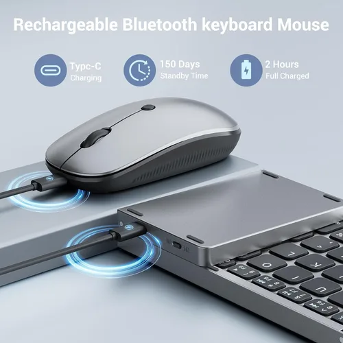 Vista 4 de Teclado y mouse plegables para computadora portátil, teclado plegable Bluetooth de viaje con funda portátil, teclado recargable para negocios, 2.4G