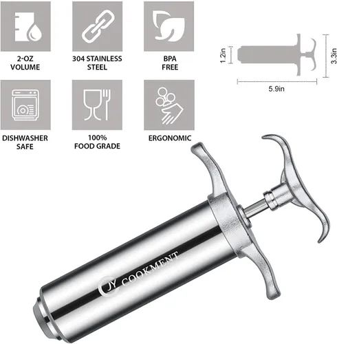 Vista 4 de Jeringa inyectora de carne 2-oz Barril sabor adobo de acero inoxidable 304 con 3 agujas profesionales 2 cepillos de limpieza y 4 anillos de silicona
