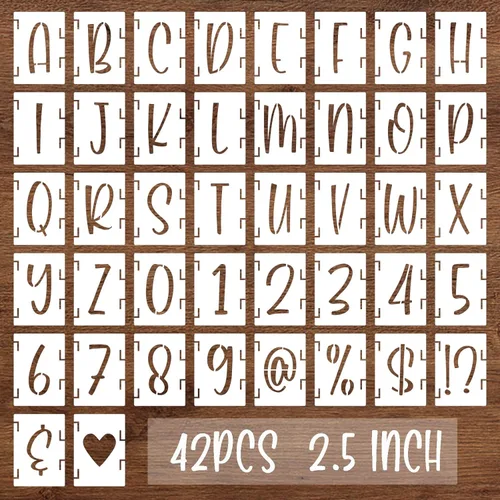 BAMIDELE Plantillas de letras del alfabeto de 2.5 pulgadas, 42 piezas de plástico reutilizables, símbolos de números, juego de plantillas de dibujo