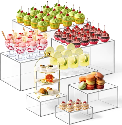Vista 11 de Leinuosen Juego de 7 Elevadores Grandes para Buffet de 6" a 12" Caja de Exhibición de Acrílico Elevador de Mesa de Postres para Catering Soporte