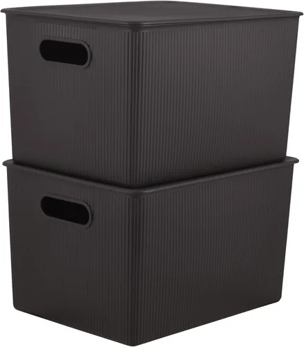 Vista 7 de Superio Ribbed Collection - Cesta decorativa de plástico con tapa para el hogar, color marrón medio (paquete de 1 unidad, 5 litros), caja apilable