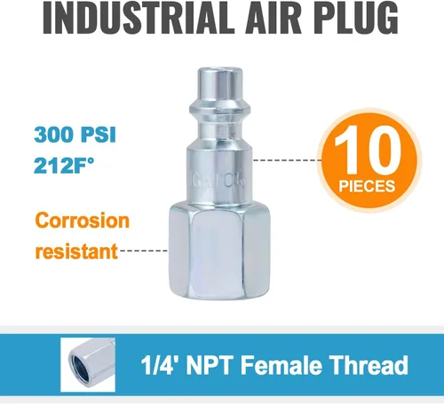 Vista 2 de SUNGATOR Enchufes de aire hembra de 1/4 de pulgada, paquete de 10 accesorios de manguera de aire de hierro industrial NPT con orificio de flujo