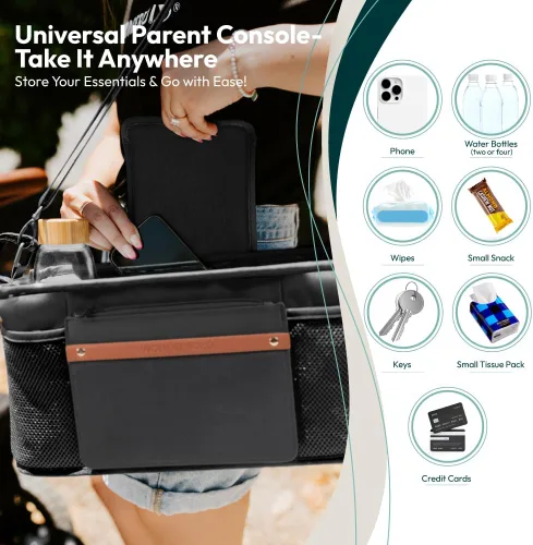 Vista 6 de Organizador universal para cochecito WONDERFOLD con portavasos con aislamiento, cierre de gancho y bucle, asa de sujeción, 2 bolsillos