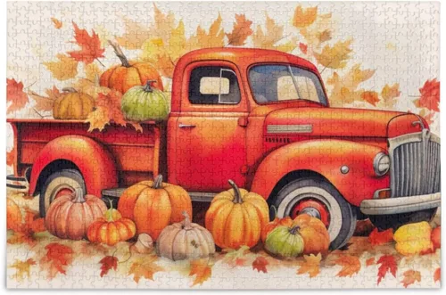 Pumpkin Fall Truck Jigsaw Puzzles 500 Pieces for Adults with Mesh Storage Bag 2011711