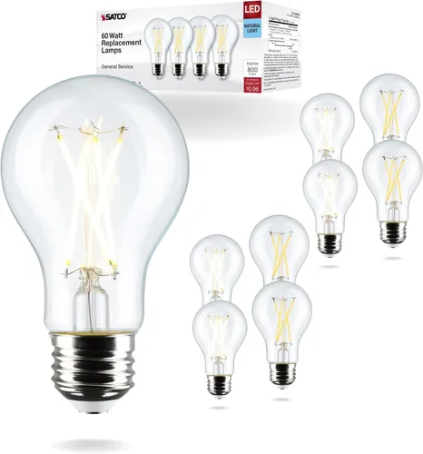 Satco S12465 8A19/CL/LED/E26/950/4PK/120V, 8 Watt A19 LED; Clear; 5000K; Medium Base; 120 Volt; for use at Residential, Hospitality, Retail,