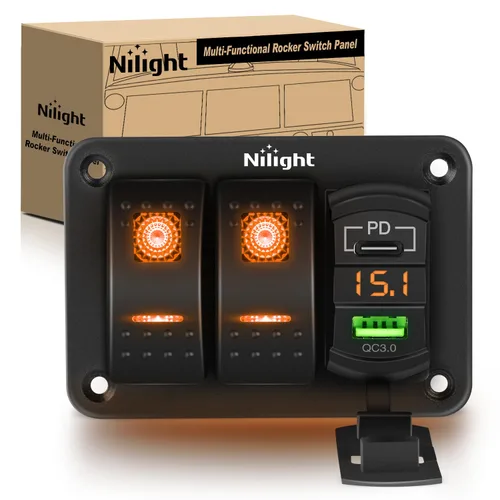 Nilight - Panel de interruptor basculante de 2 bandas con tipo PD C y cargador USB, voltímetro 12V SPST interruptores de palanca ON Off, panel con