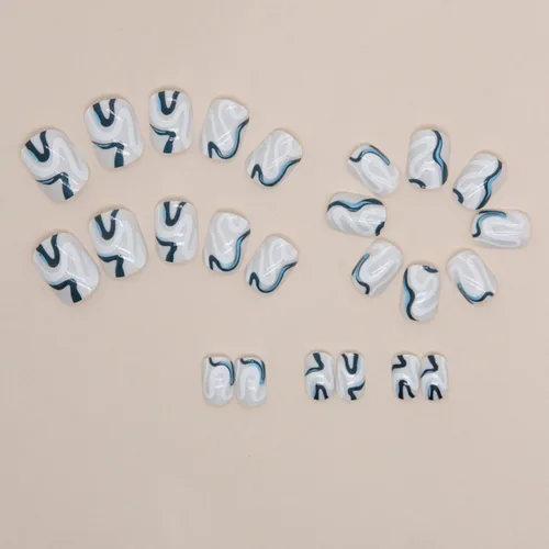 Vista 33 de Uñas postizas cuadradas cortas a presión, uñas postizas azules de cobertura completa con diseños de remolinos, uñas acrílicas brillantes de línea