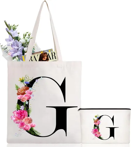 Vista 9 de Andeiltech - Bolsa de lona con inicial floral, personalizada, bolsa de maquillaje con monograma, regalo para damas de honor, cumpleaños, boda