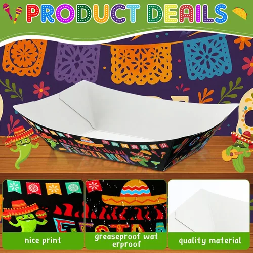 Vista 3 de Gejoy 100 bandejas de papel mexicano desechables de 2 libras, bandejas de Nacho para fiestas de tacos, botes de aperitivos, carnaval, contenedor