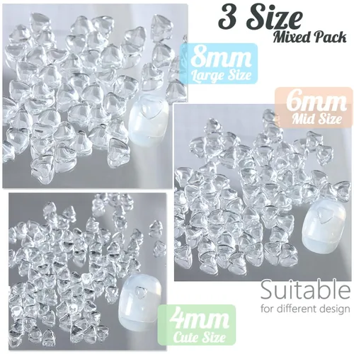 Vista 3 de qiipii 300 dijes transparentes para uñas de corazón, 3 tamaños mixtos, 3D, transparentes, lindos corazones de amor, diamantes de imitación con parte
