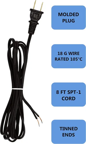Vista 5 de Creative Hobbies Cable de lámpara negro, 8 pies de largo, SPT-1, calibre 18, cable de alimentación con certificación UL para reparación o reemplazo