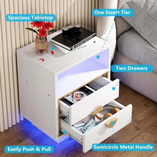 Vista 7 de Mesitas de noche LED, mesita de noche de madera blanca con luces LED, mesa auxiliar con 2 cajones para dormitorio, sala de estar
