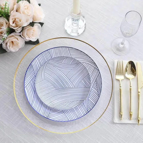 Vista 14 de Efavormart - Paquete de 10 platos de postre de plástico con pincel, color blanco y azul, platos desechables redondos para ensalada, 7 pulgadas