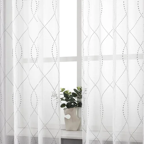 Vista 21 de VISIONTEX Cortinas traslúcidas blancas de 95 pulgadas de largo, juego de 2 paneles de cortinas beige marroquíes bordadas en enrejado, textura