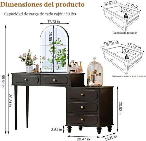 Vista 5 de Ieejdn Negro, Escritorio de tocador con espejo y luces, Tocador de maquillaje con toma de corriente y gabinete ajustable, Mesa de maquillaje moderna