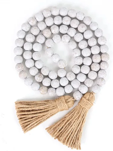 Vista 10 de Guirnalda de cuentas de madera de 58 pulgadas con borlas, decoración rústica de granja, decoración de oración bohemia para colgar en la pared (negro)